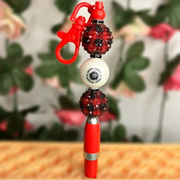 Supernatural Antipossession Beaded Pen Keychain Red Black Plaid Handmade - Picture 1 of 7
